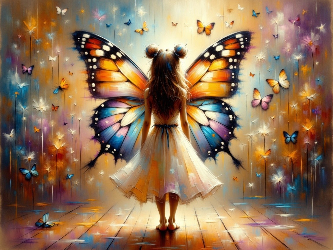 Young girl with butterfly wings in a whimsical setting