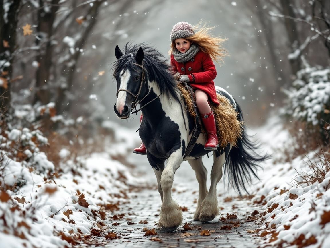 Girl in red coat riding horse in snowy landscape