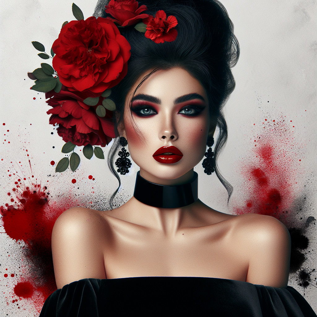 Digital Portrait of Woman with Roses and Bold Makeup