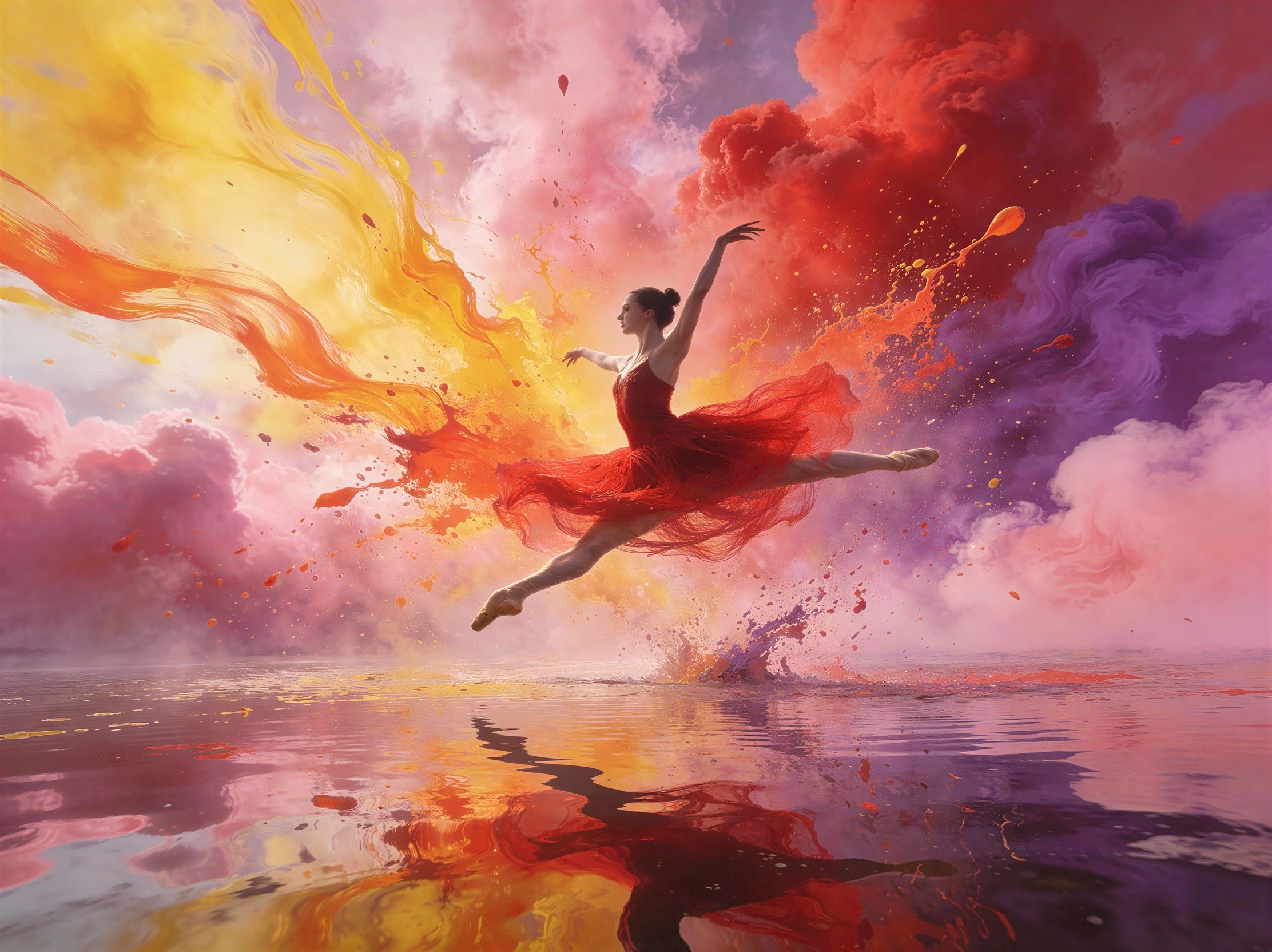 Ballerina Mid-Leap Over Water with Colorful Sky