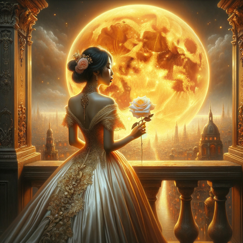Woman in gown on balcony with glowing moon and city