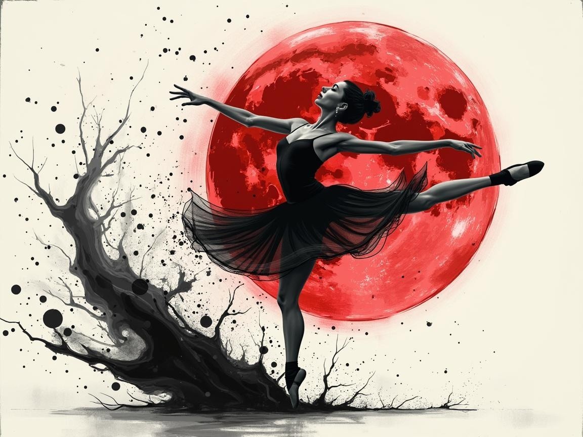 Ballerina Dancing Silhouette Against Crimson Moon