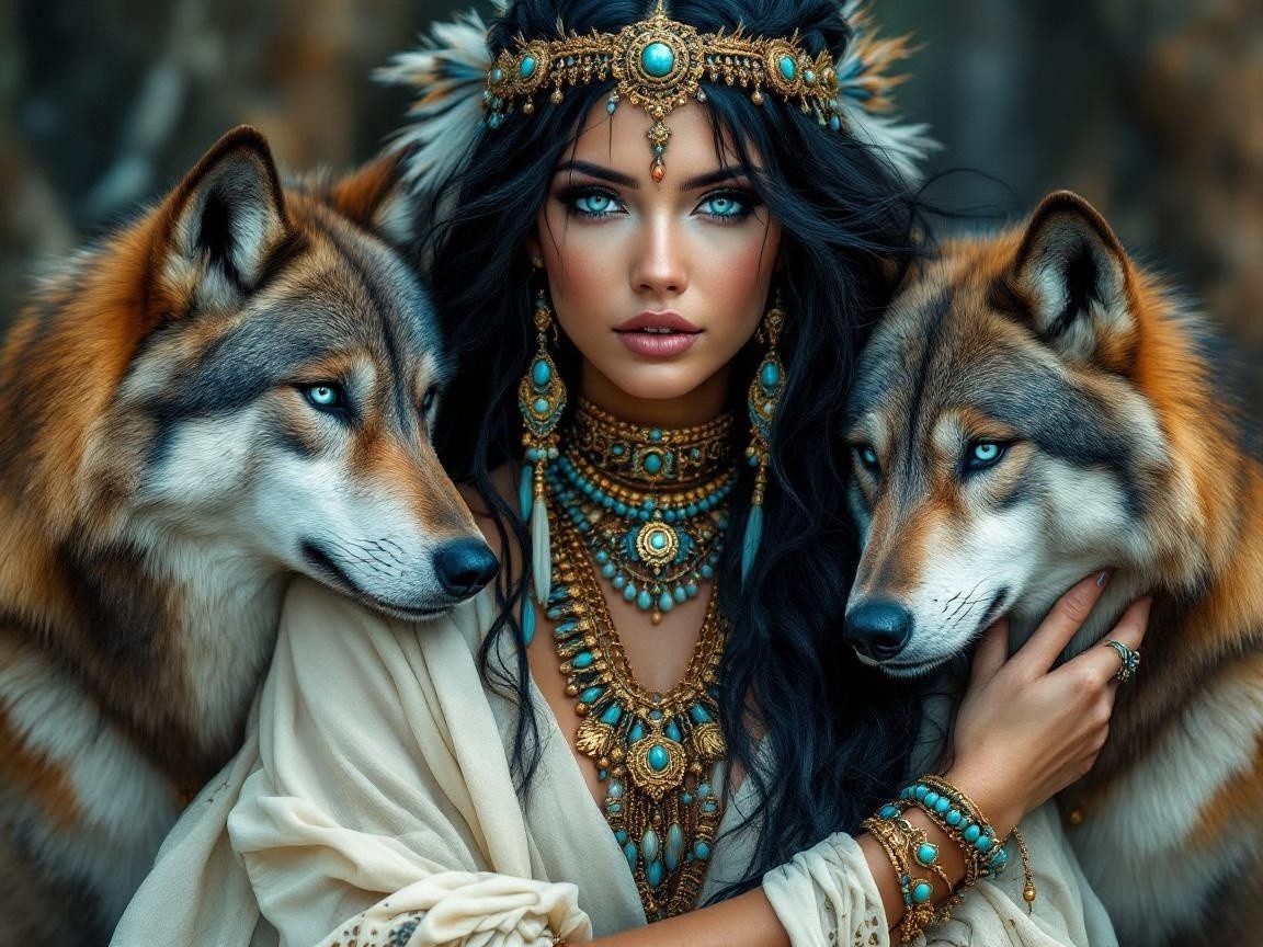 Woman in Light Garment with Wolves in Mystical Setting