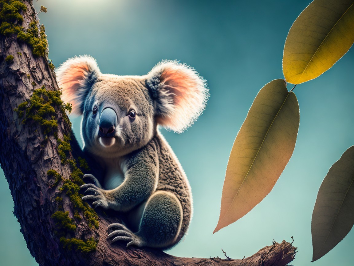Koala Clinging to Tree Branch with Green Leaves