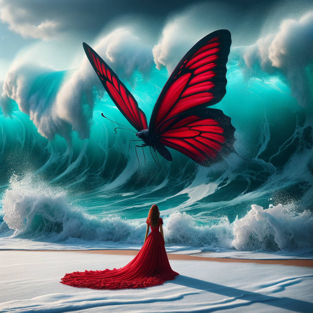 Woman in Red Gown on Beach with Butterfly and Waves