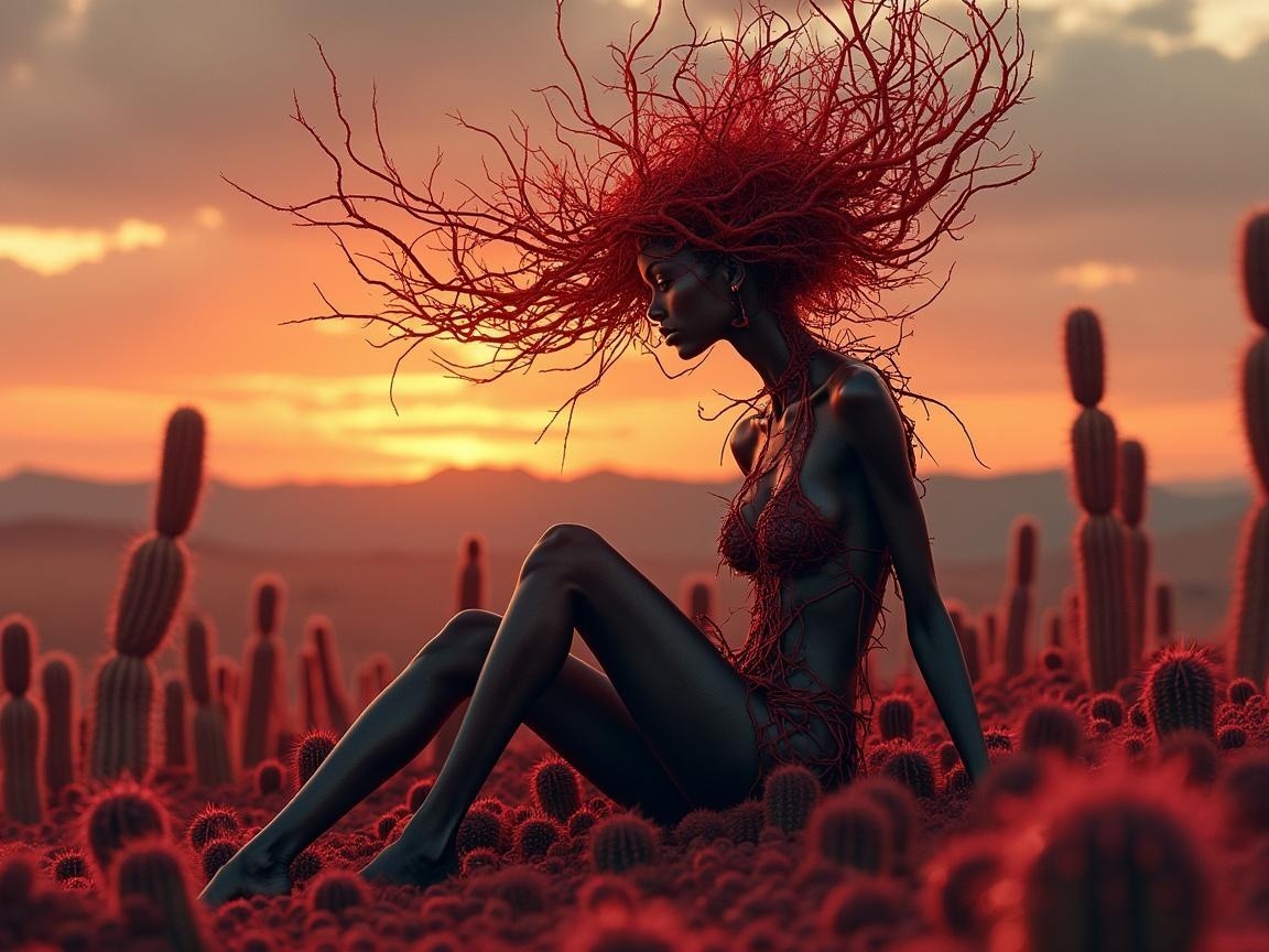 Surreal Landscape with Figure and Red Cacti at Sunset