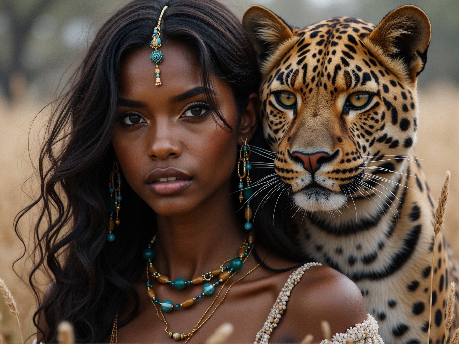 Portrait of a Woman with Leopard in Natural Setting