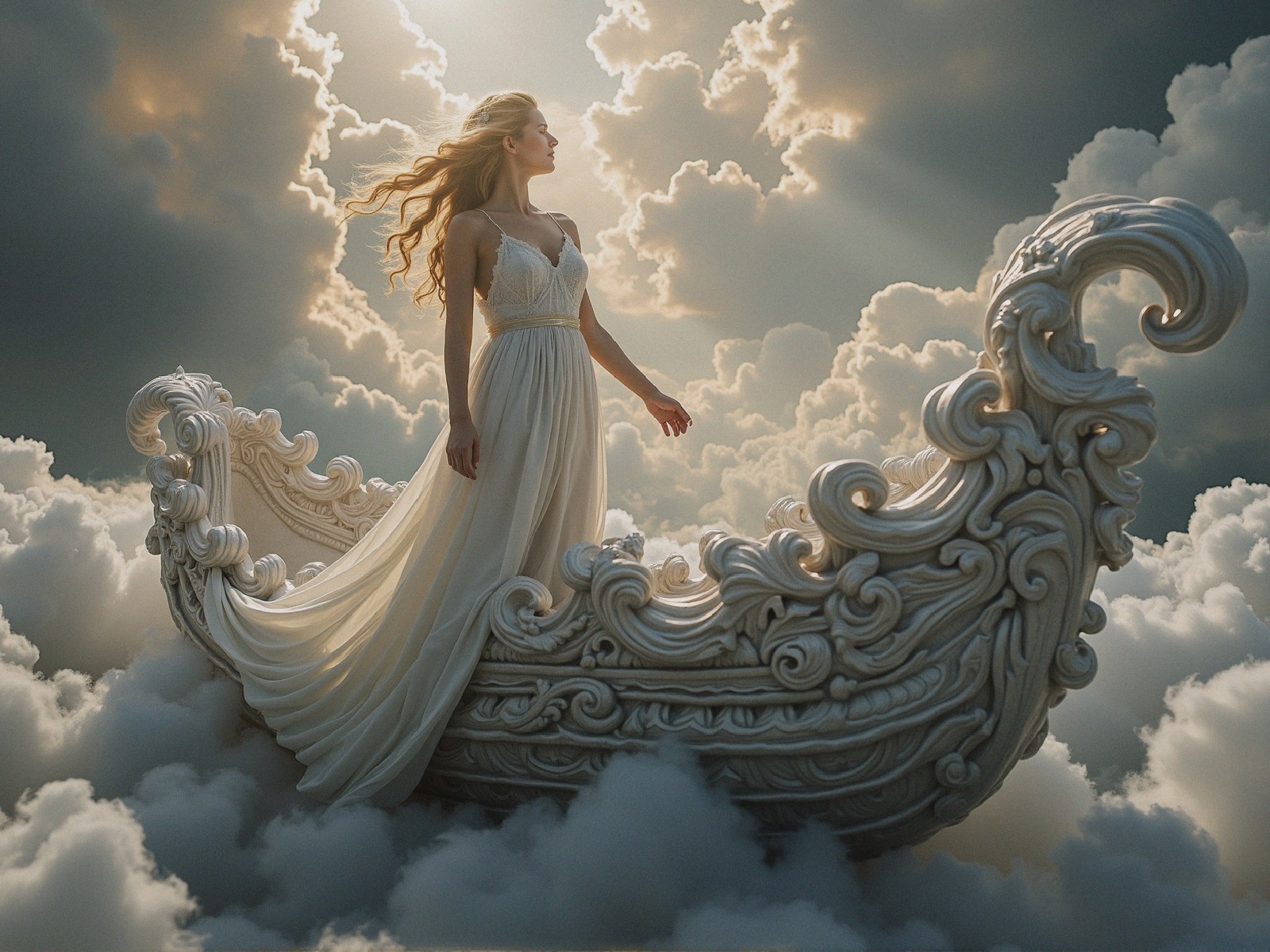 Woman in White Gown on Ornate Boat in Serene Setting