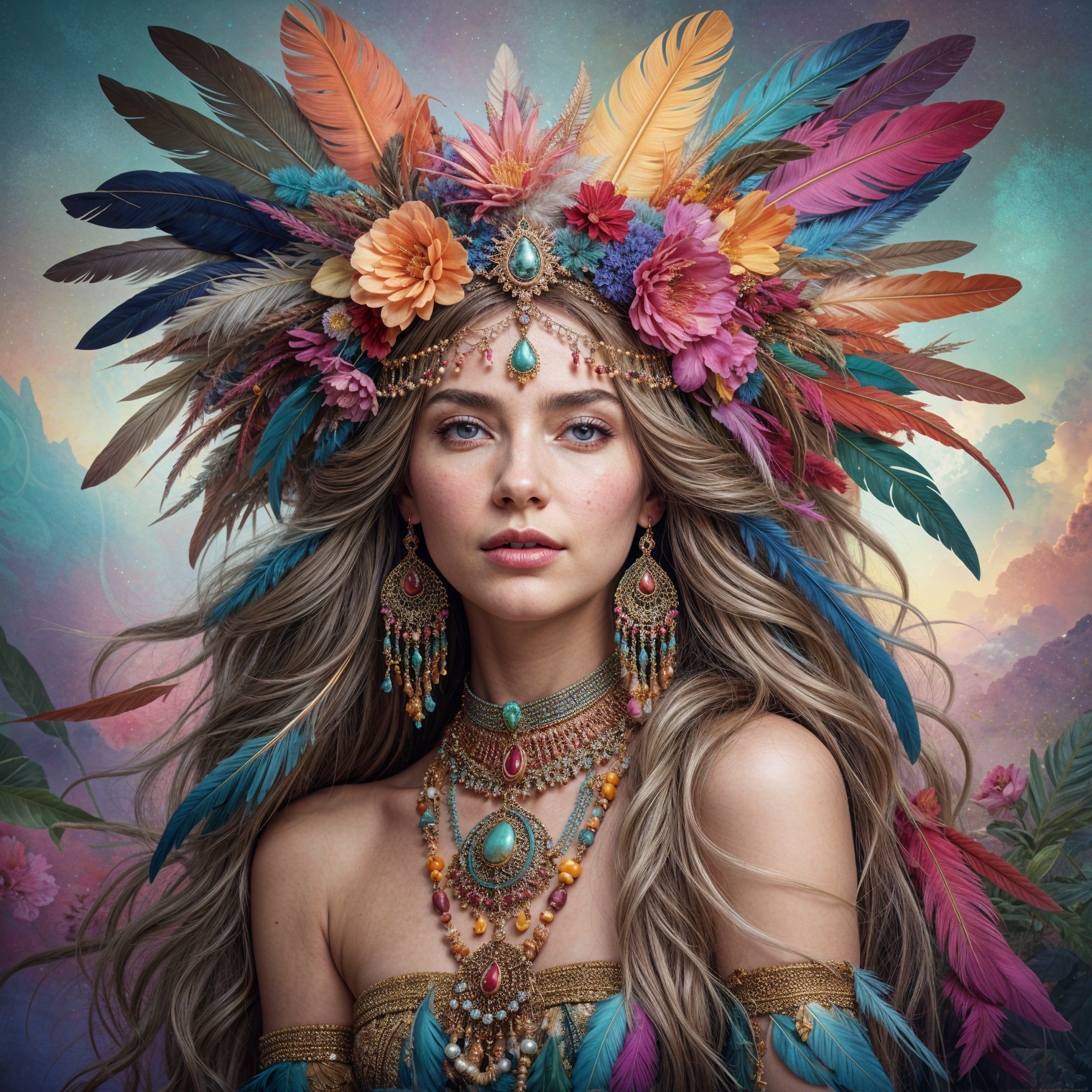 Goddess-like Woman in Colorful Feathered Attire