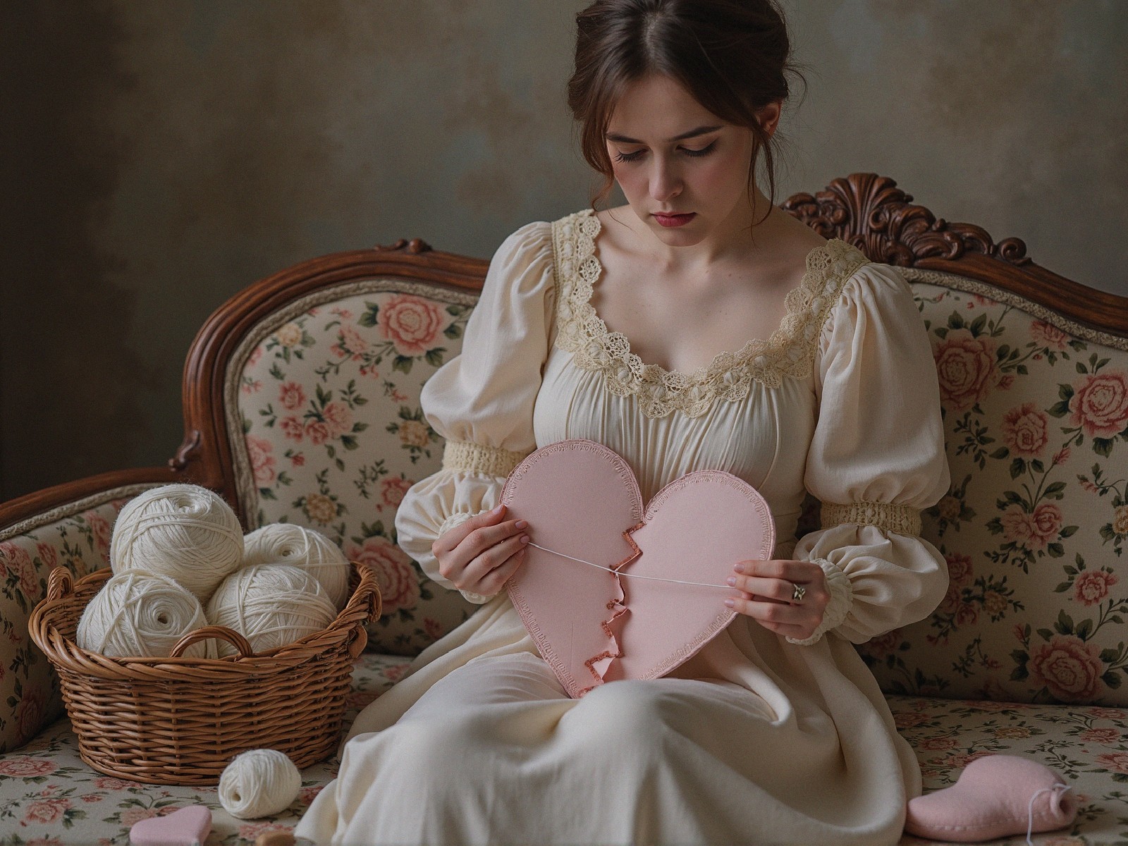 Young woman sewing on vintage floral sofa with yarn