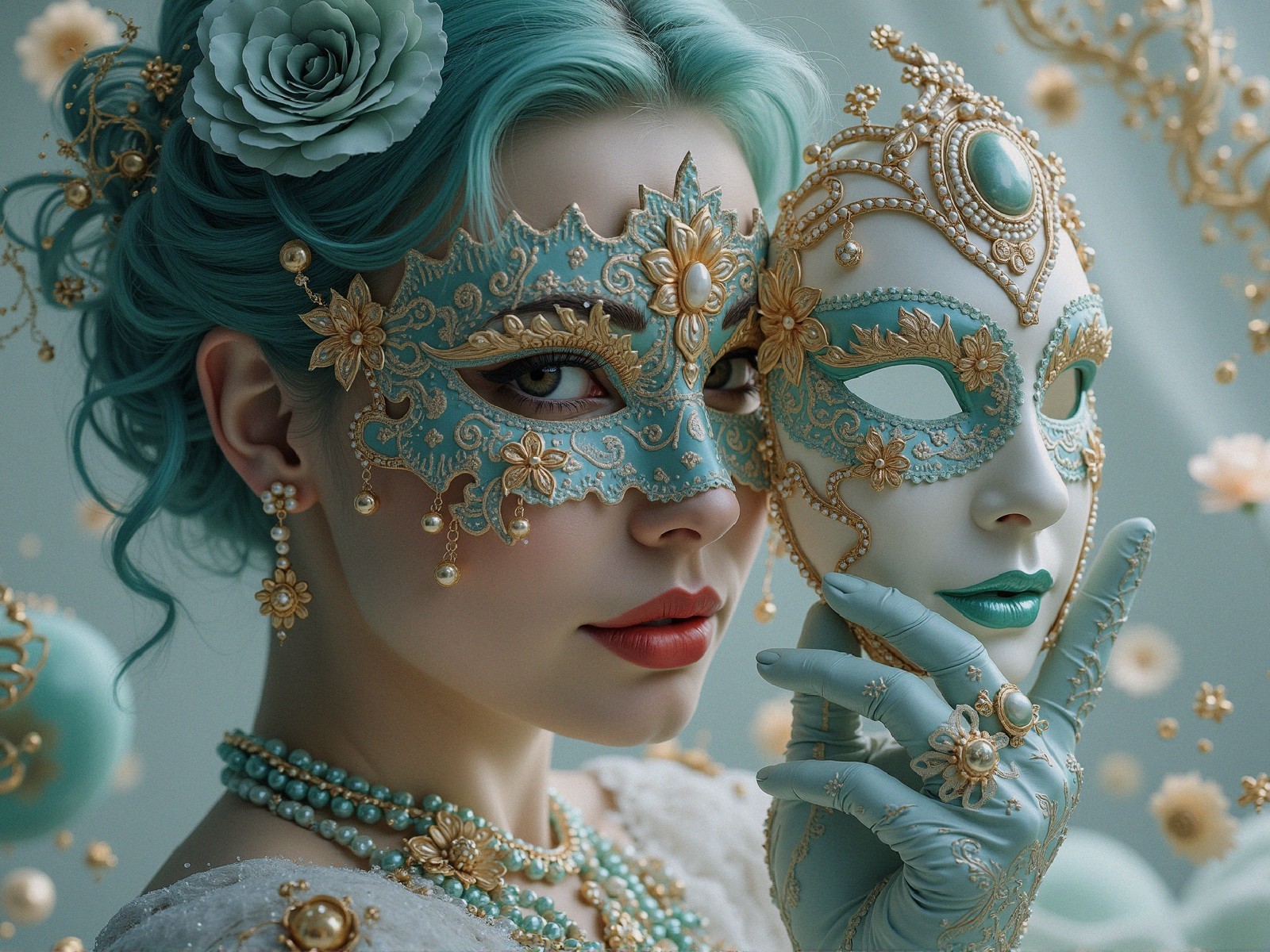 Woman with Blue Hair and Ornate Turquoise Mask