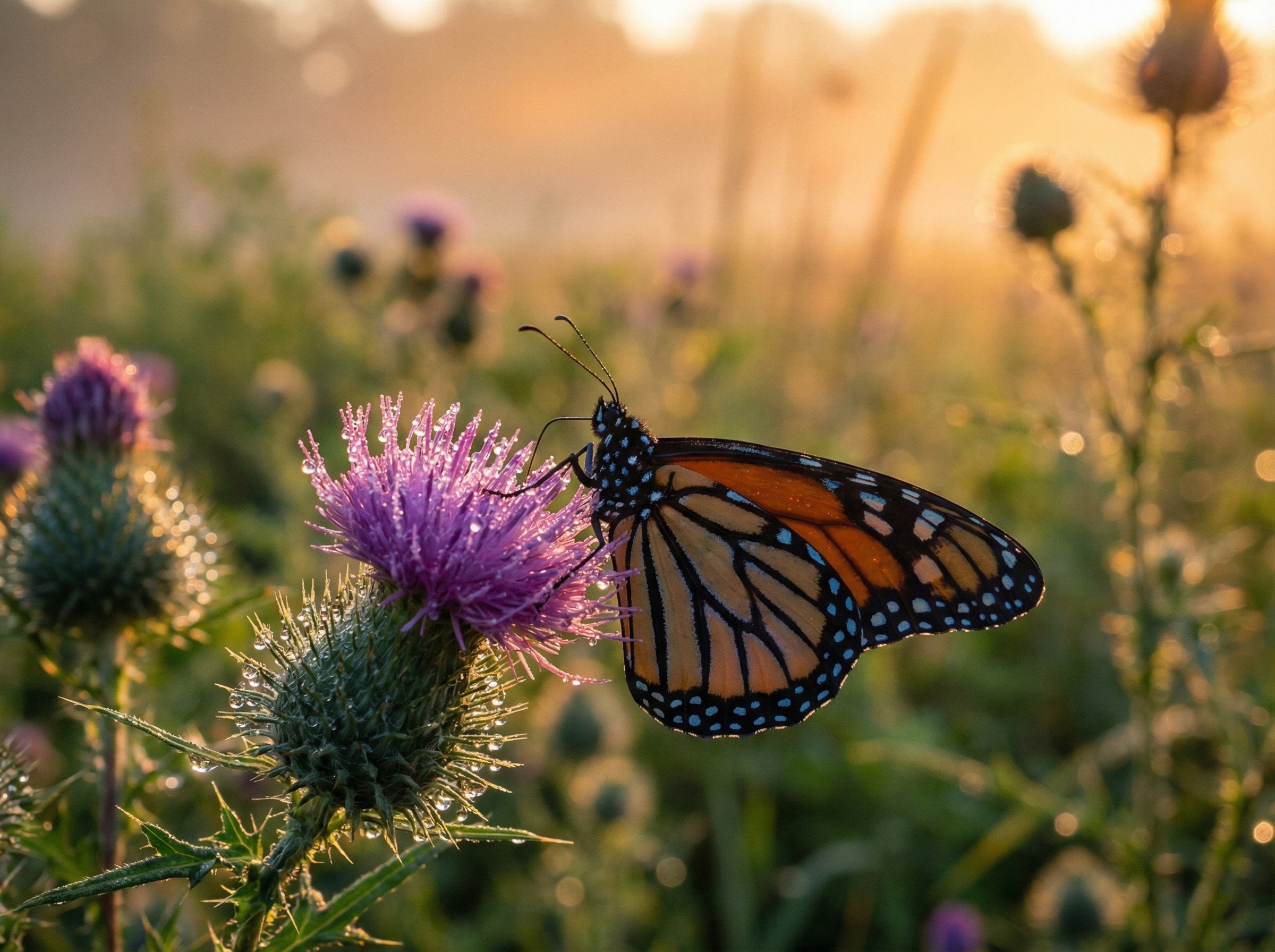 Monarch Butterfly on Purple Thistle Flower Close-Up