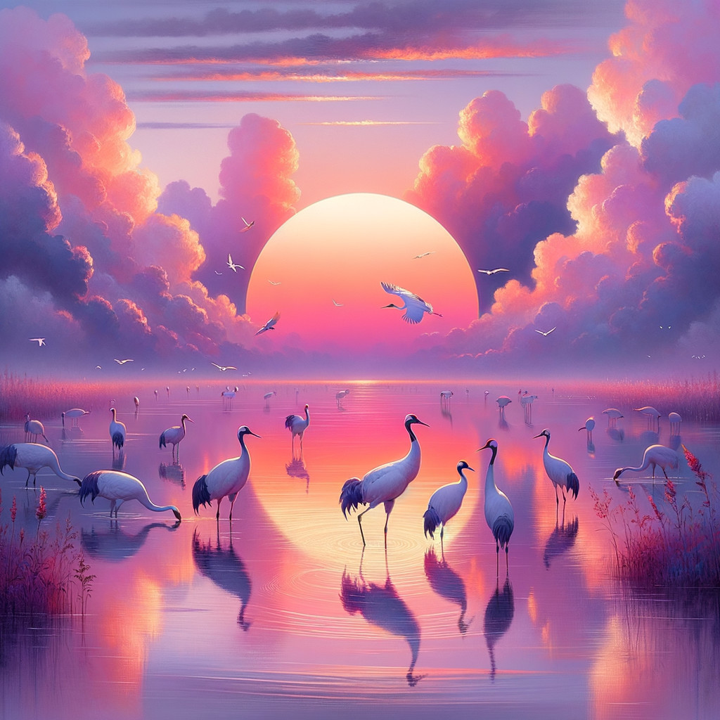 Tranquil Wetland at Sunset with Cranes and Pastel Sky