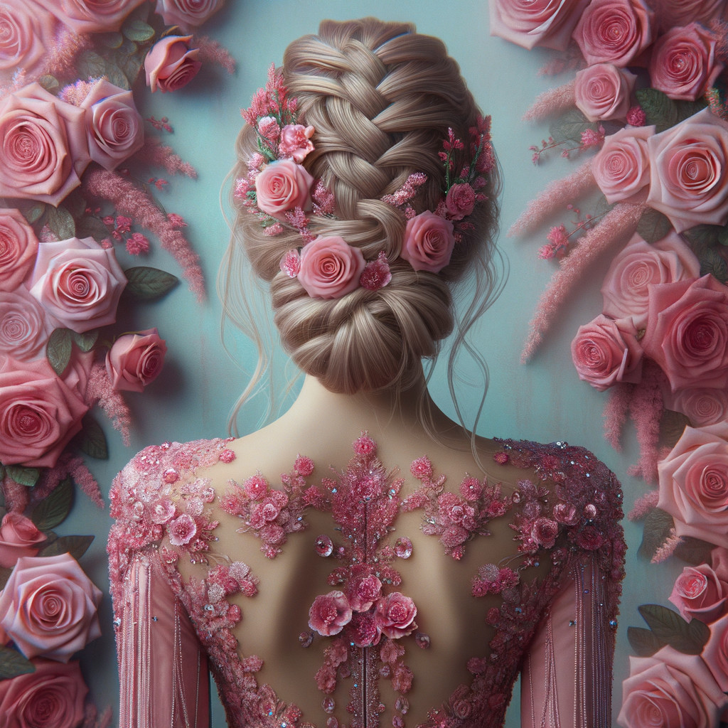 Woman in Elegant Pink Gown Surrounded by Roses