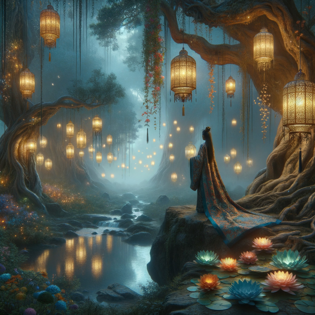 Mystical forest scene with cloaked figure by waterway