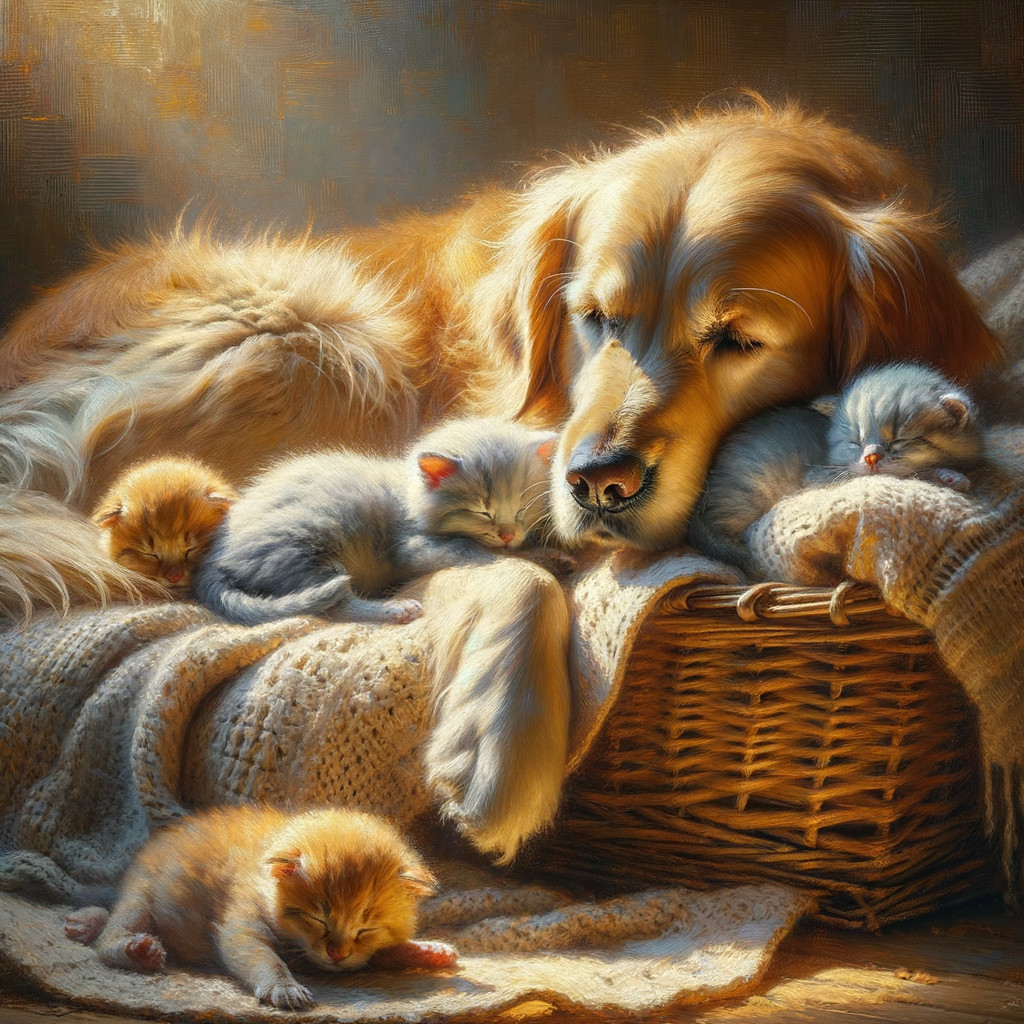 Golden Retriever Napping with Fluffy Kittens