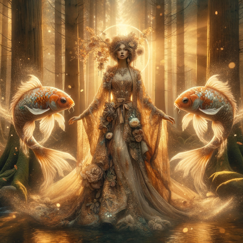 Mystical Forest Scene with Enchanting Figure and Goldfish