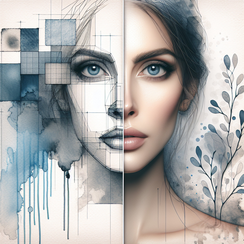 Split Image of Woman's Face in Pencil and Watercolor