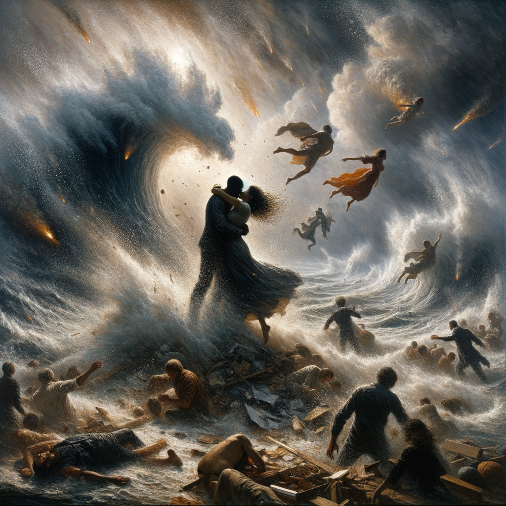 Couple Embraces Amidst Stormy Sea and Chaos