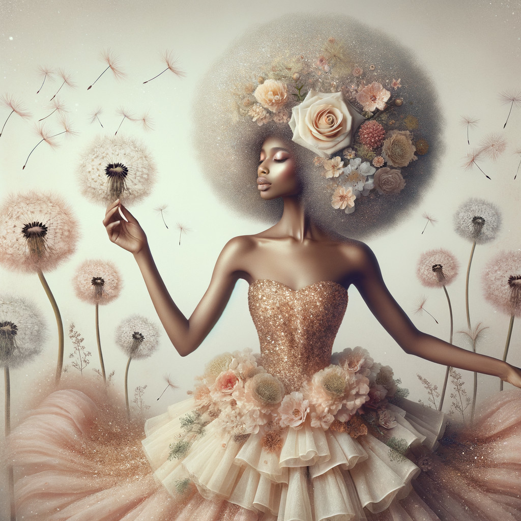 Ethereal Figure in Floral Gown with Dandelions