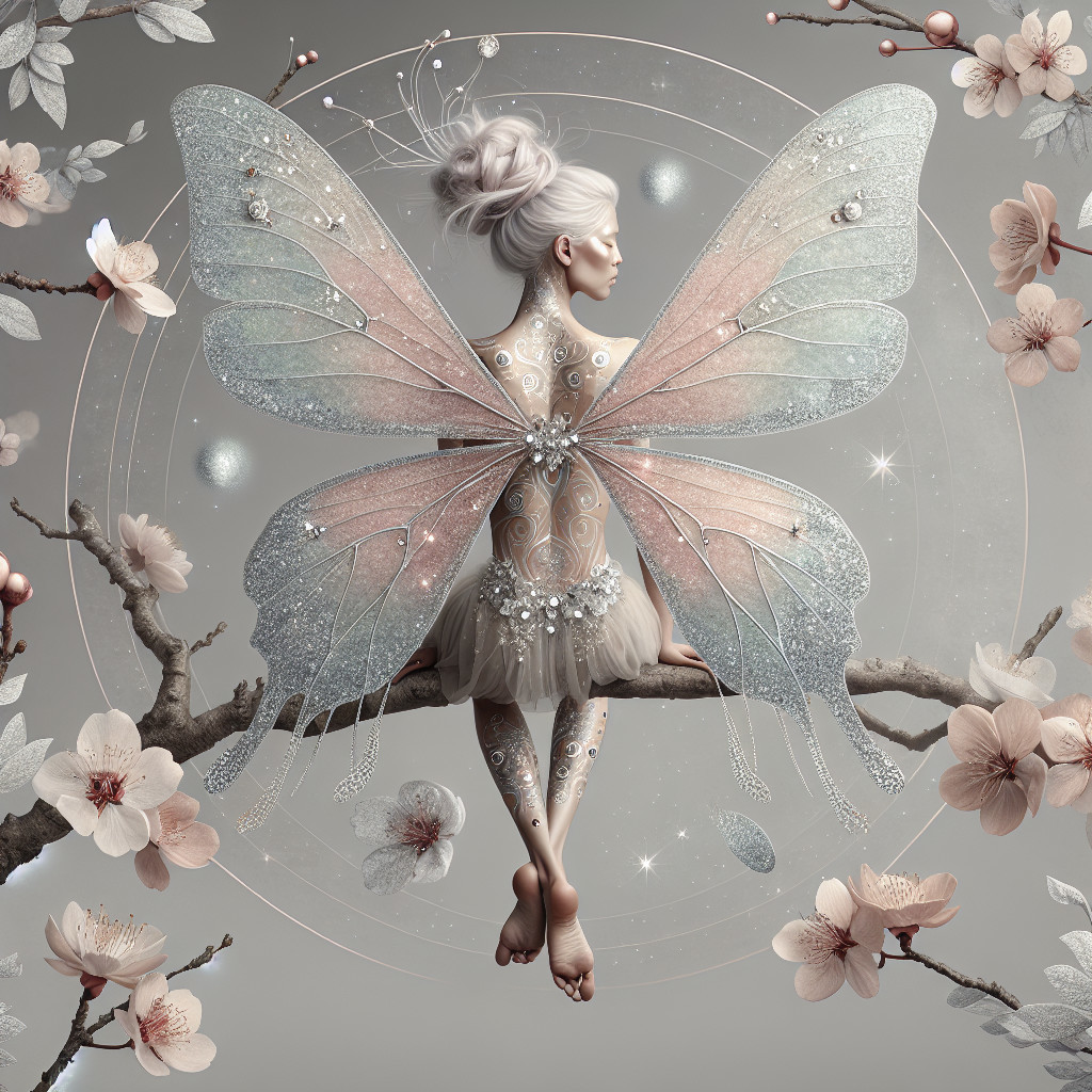 Serene figure with butterfly wings in a celestial scene