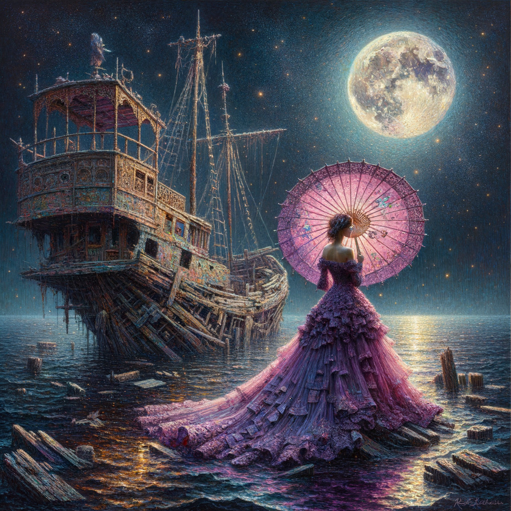 Woman in Purple Gown on Dock Under Full Moon