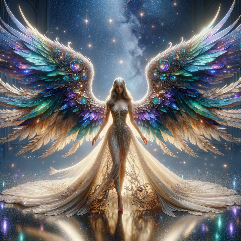 Majestic figure in shimmering gown with colorful wings