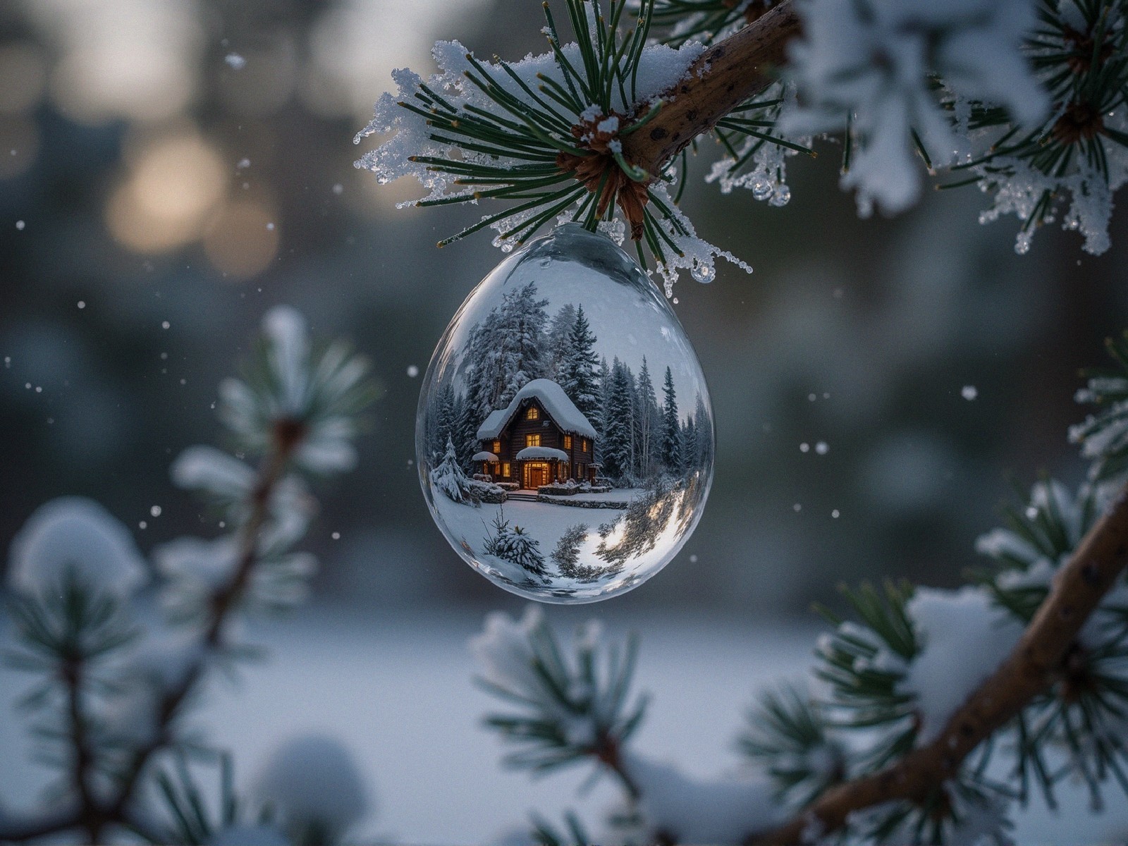 Crystal Ornament Reflecting Cozy Winter Cabin Scene