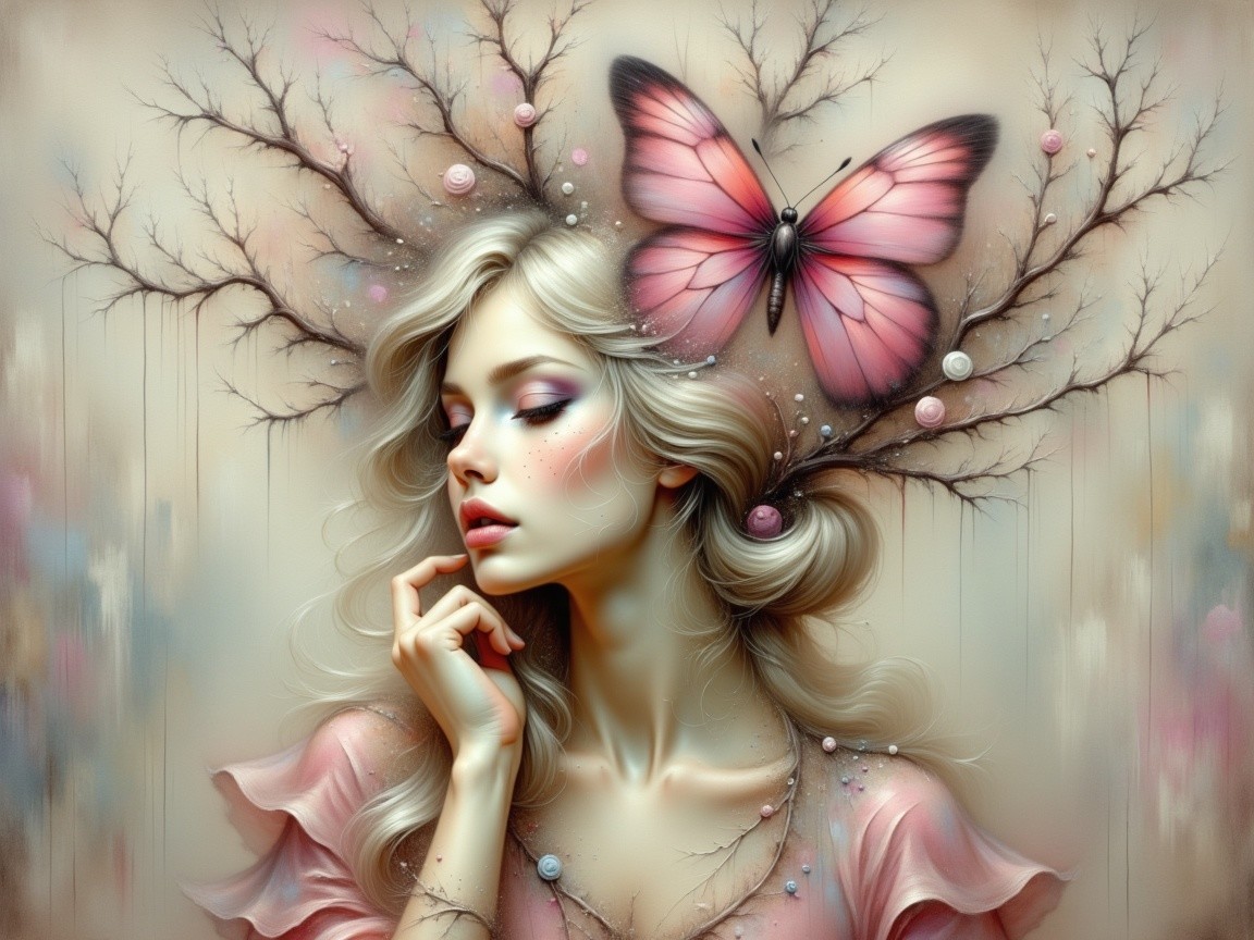 Ethereal Woman with Silver Hair and Butterfly Accent