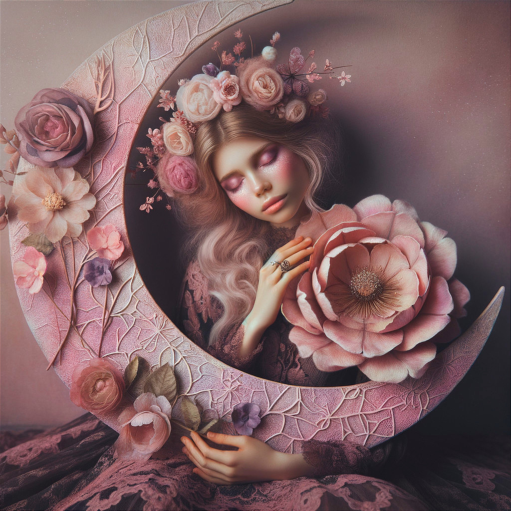 Dreamy Portrait of Woman with Crescent Moon and Flowers