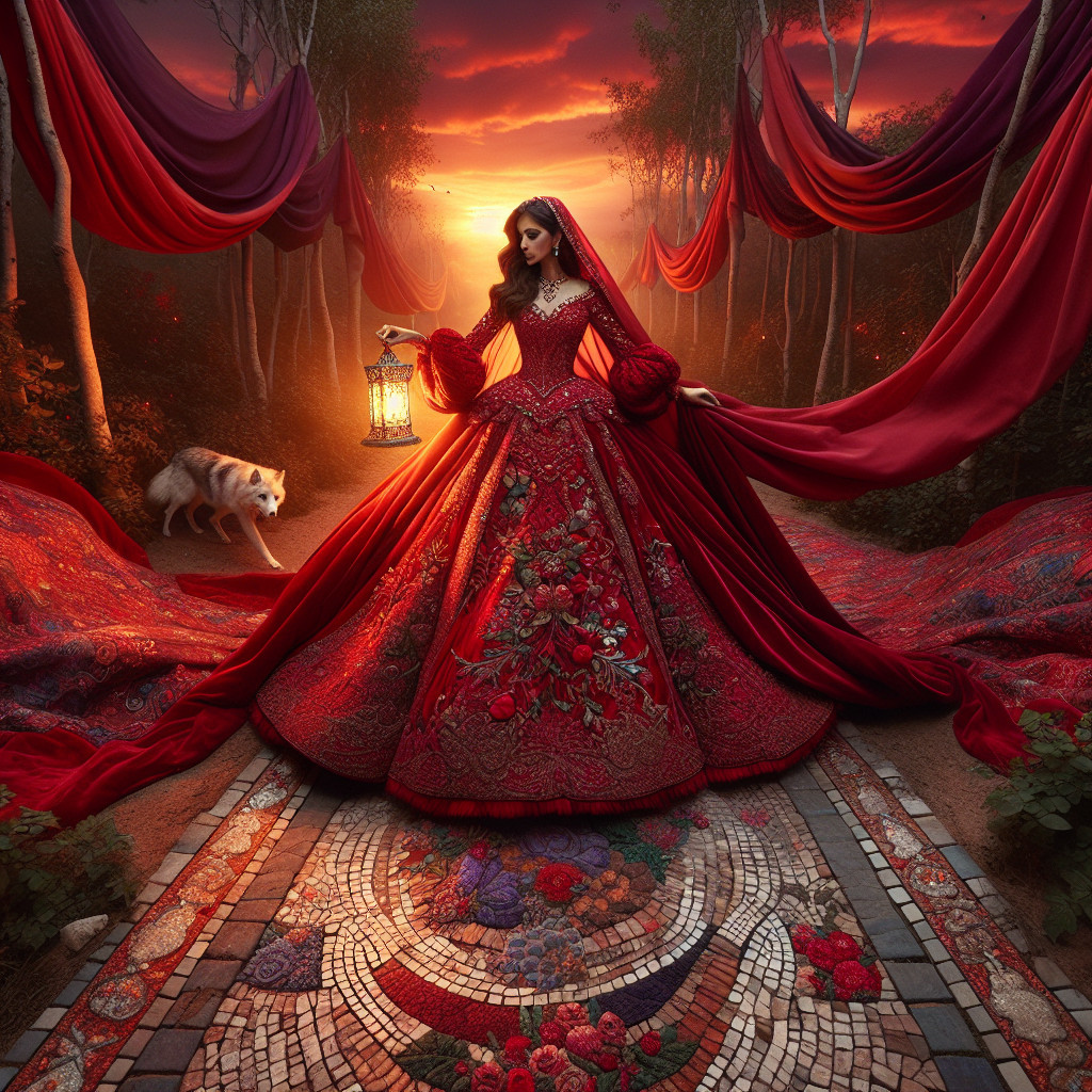Mystical Sunset Scene with Woman in Red Gown