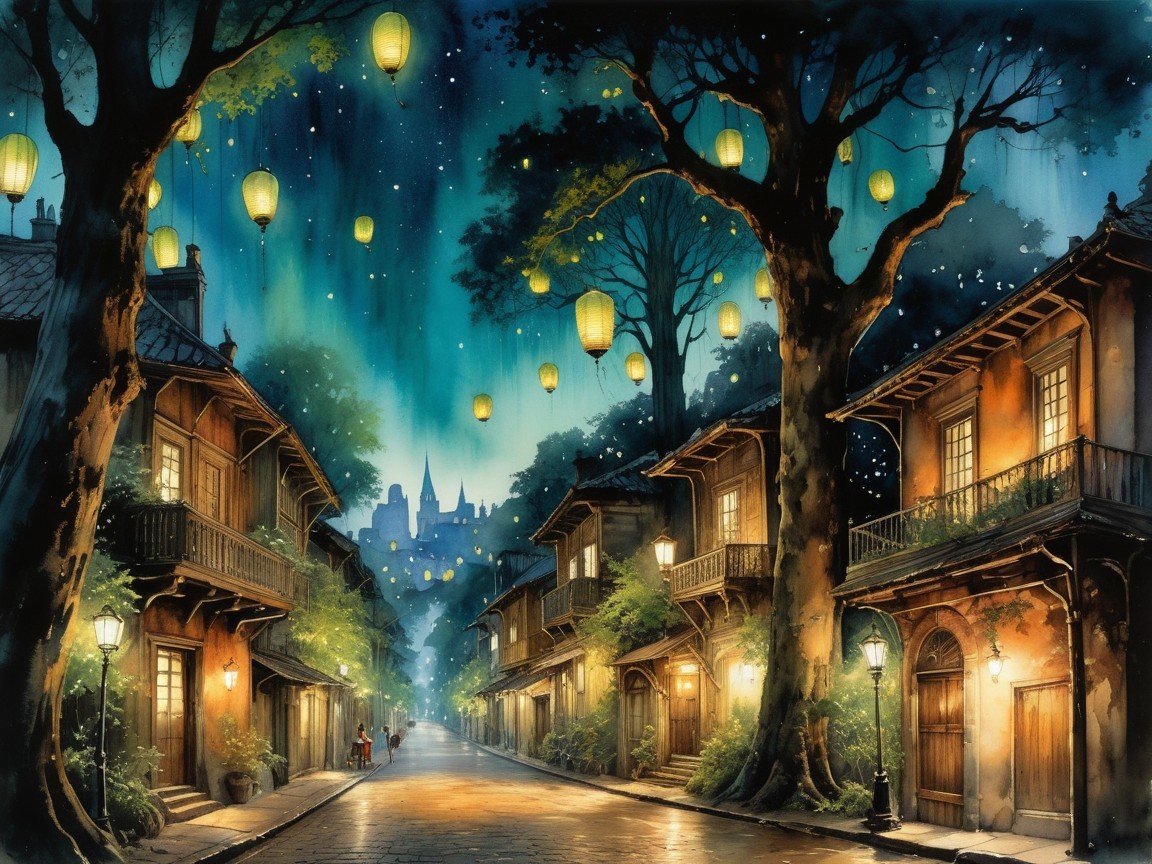 Moonlit street with wooden houses and lanterns