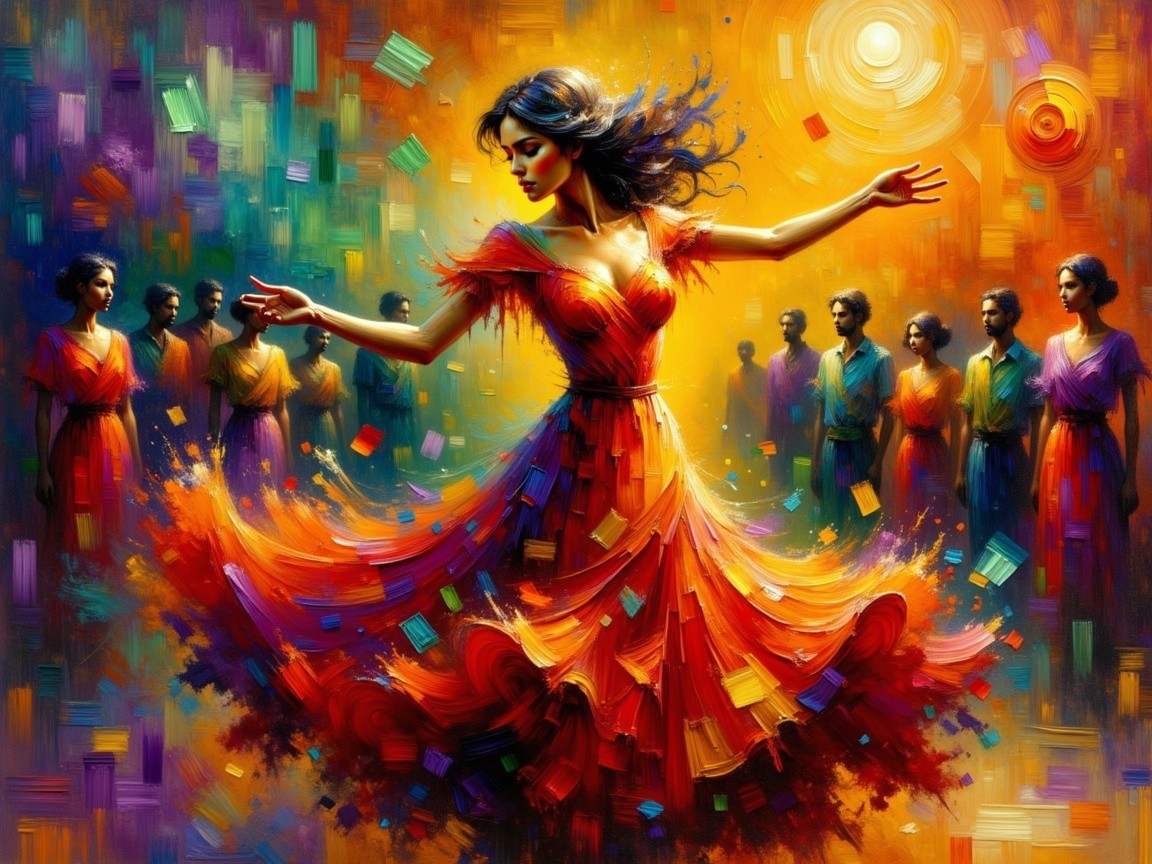 Woman in Red Dress Dancing Among Colorful Swirls