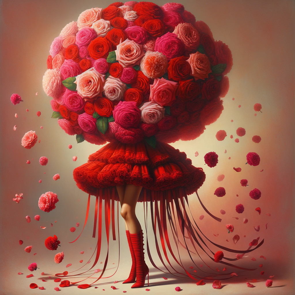 Whimsical Figure in Vibrant Red Dress and Floral Crown