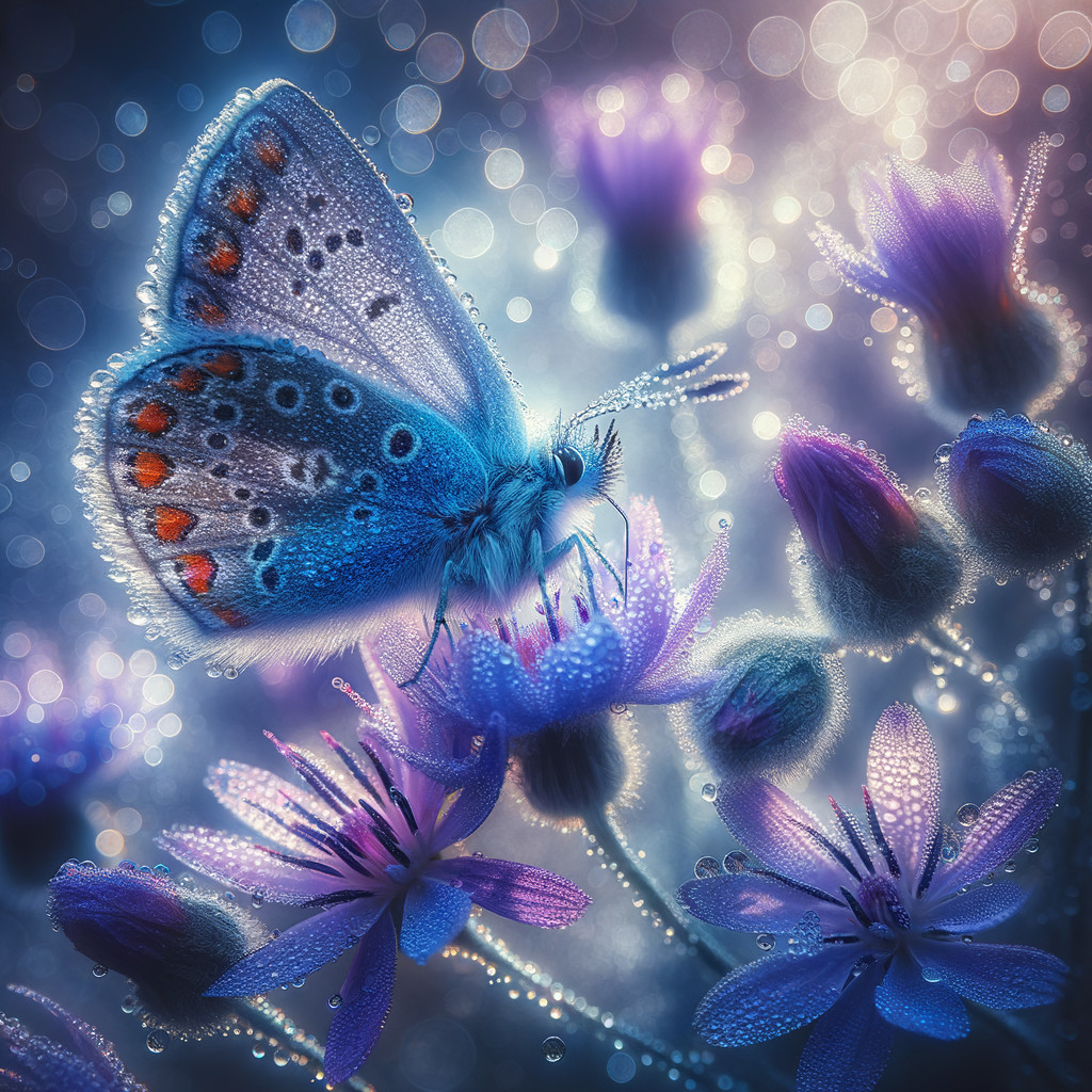 Blue Butterfly on Purple Flowers with Dew Drops