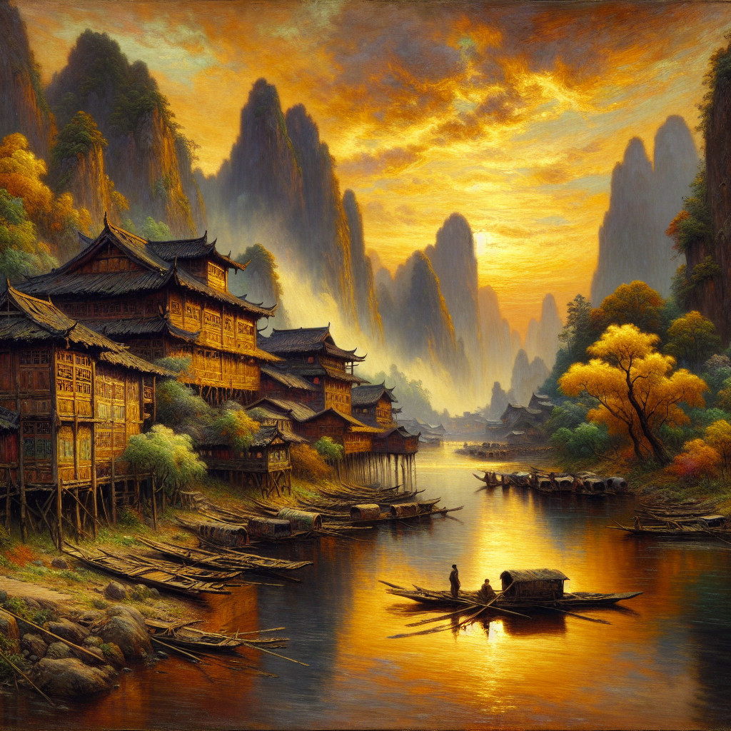 Serene Landscape with Wooden Houses and Sunset Reflections