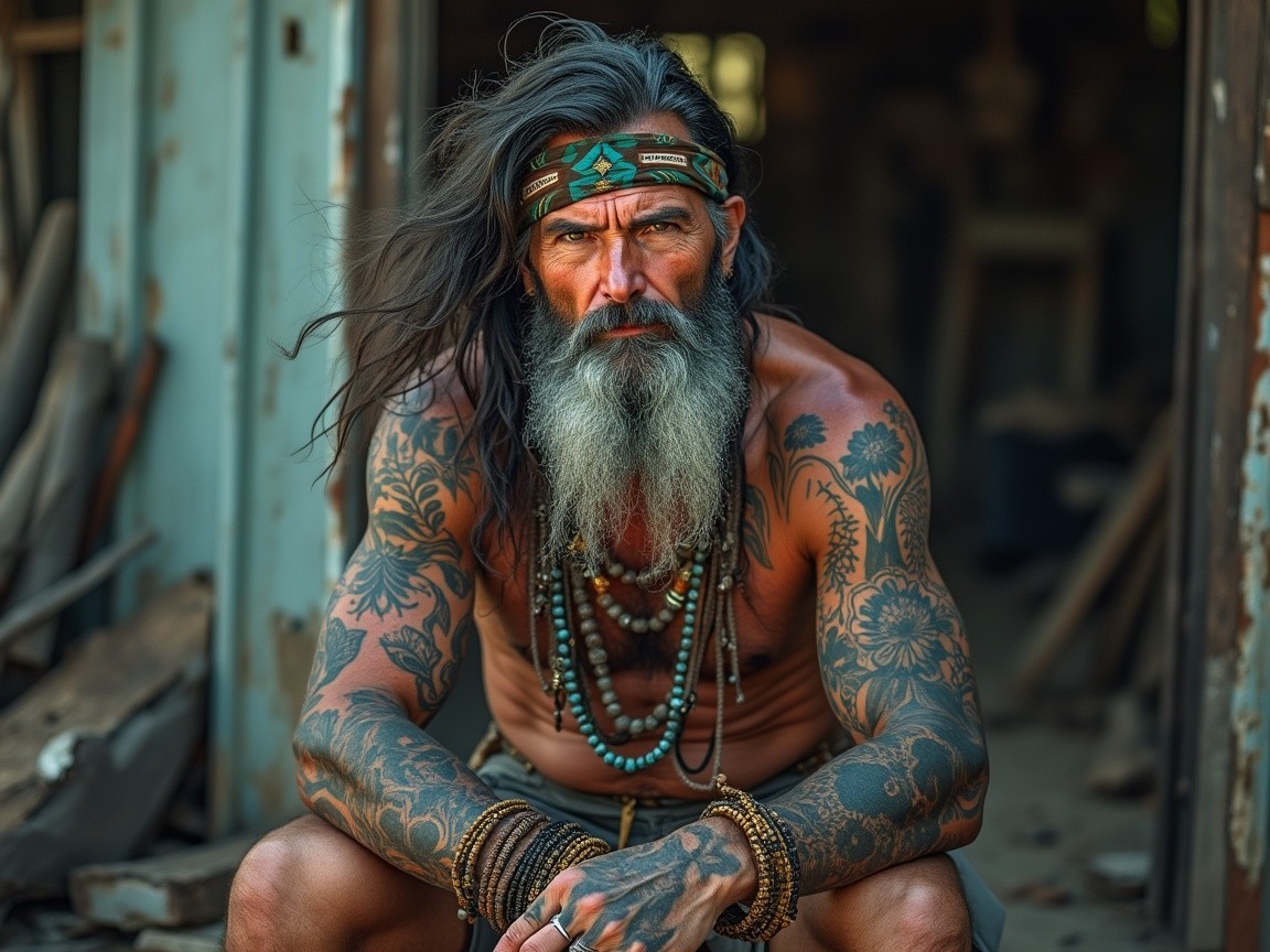 Rugged Man with Tattoos and Tribal Accessories
