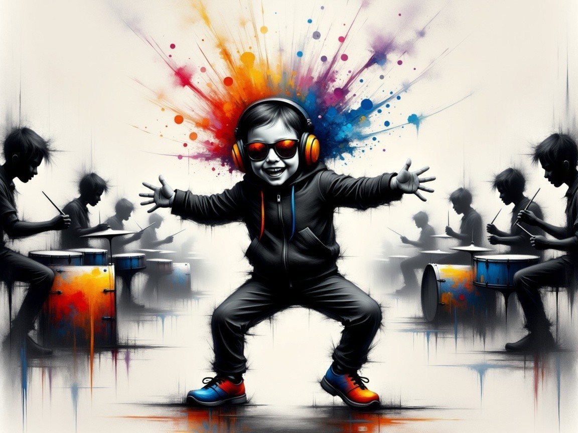 Child Dancing with Sunglasses and Headphones in Colorful Scene