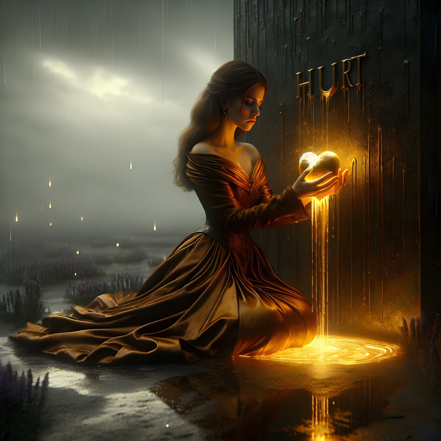 Woman in Golden Gown Holding Glowing Heart in Rain