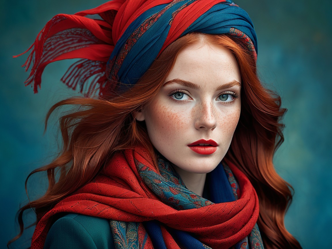 Striking Woman with Red Hair and Vibrant Headscarf