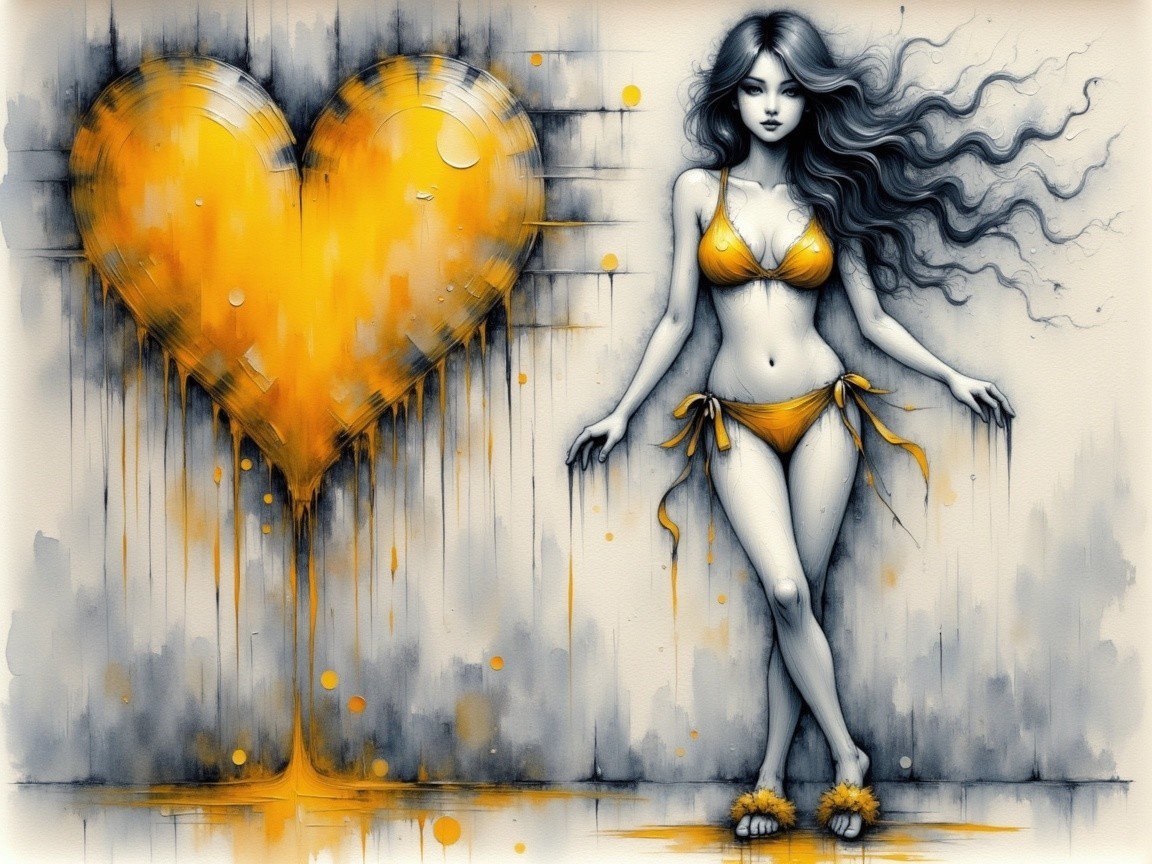 Young Woman in Orange Bikini Against Grayscale Background