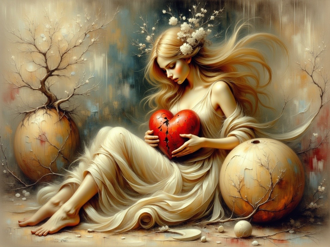 Woman with Heart in White Gown and Clay Pots