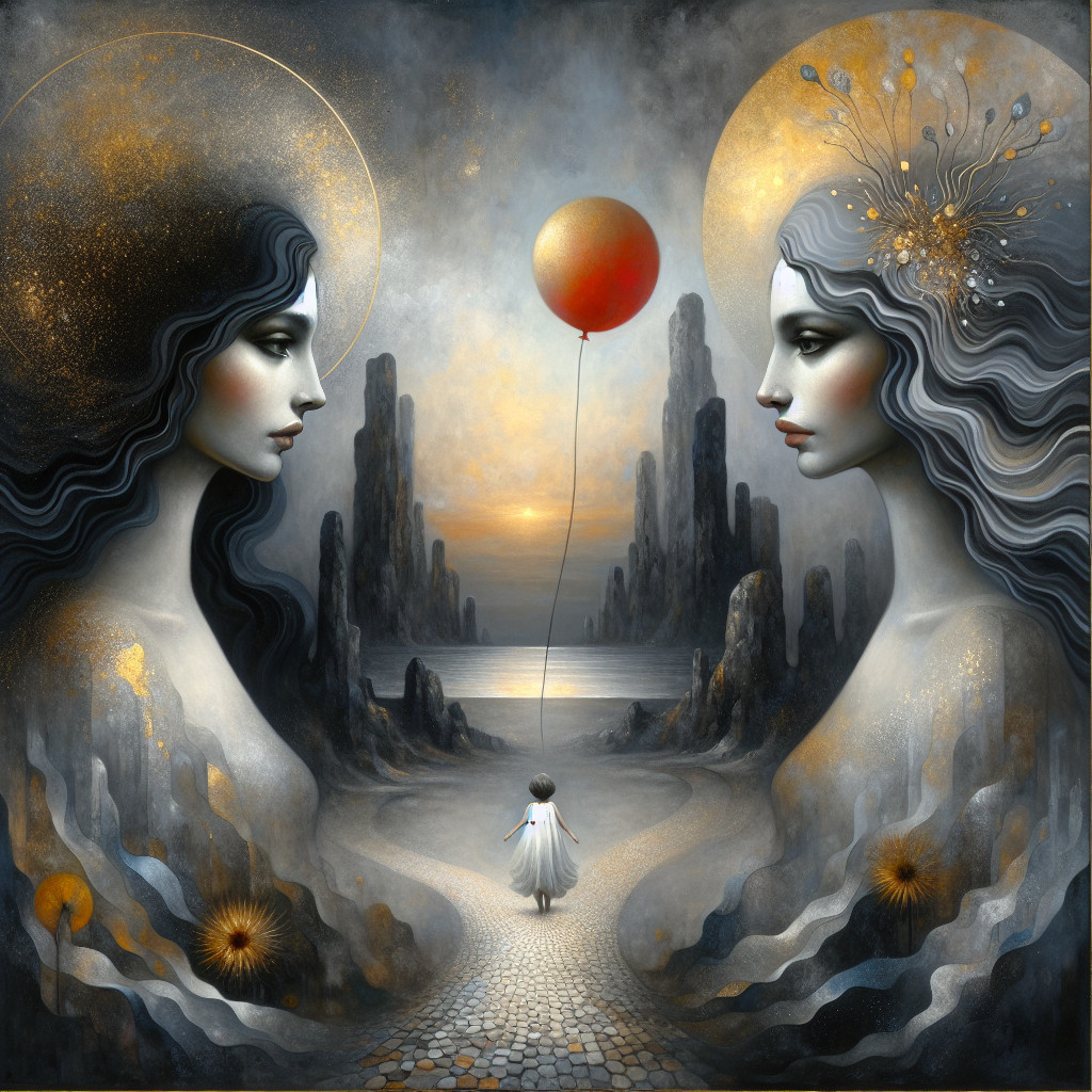 Surreal landscape with ethereal figures and twilight scene