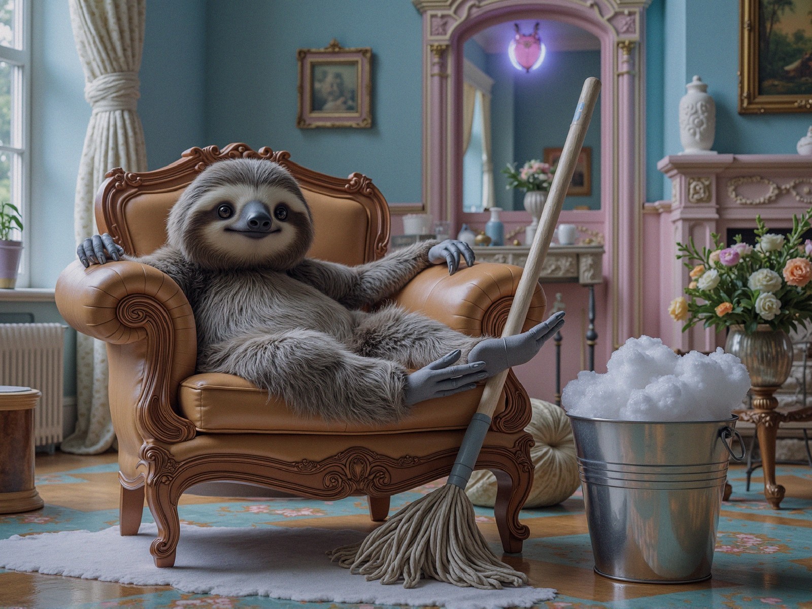 Sloth Relaxing in Pastel Room with Whimsical Decor