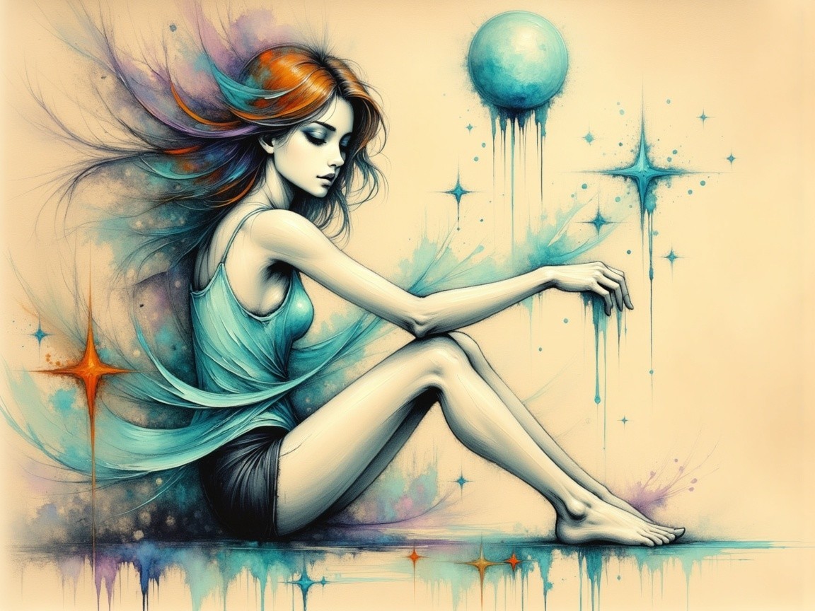 Ethereal Girl in Cosmic Dreamy Background Artwork
