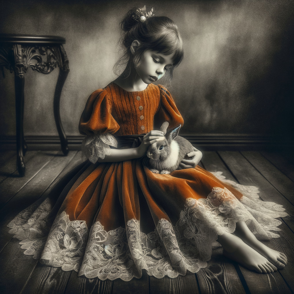 Young girl in vintage dress with rabbit on wooden floor