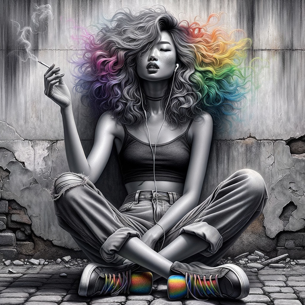 Woman with Rainbow Hair in Urban Outfit Against Wall