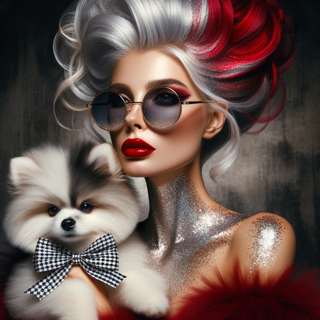 Glamorous Model with Silver and Red Hair and Puppy