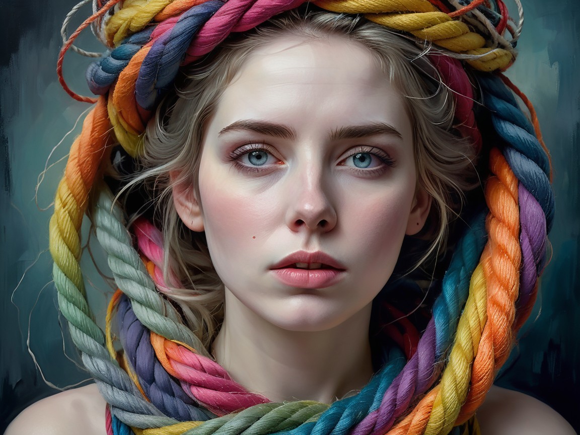 Portrait of a Young Woman with Blue Eyes and Colorful Ropes