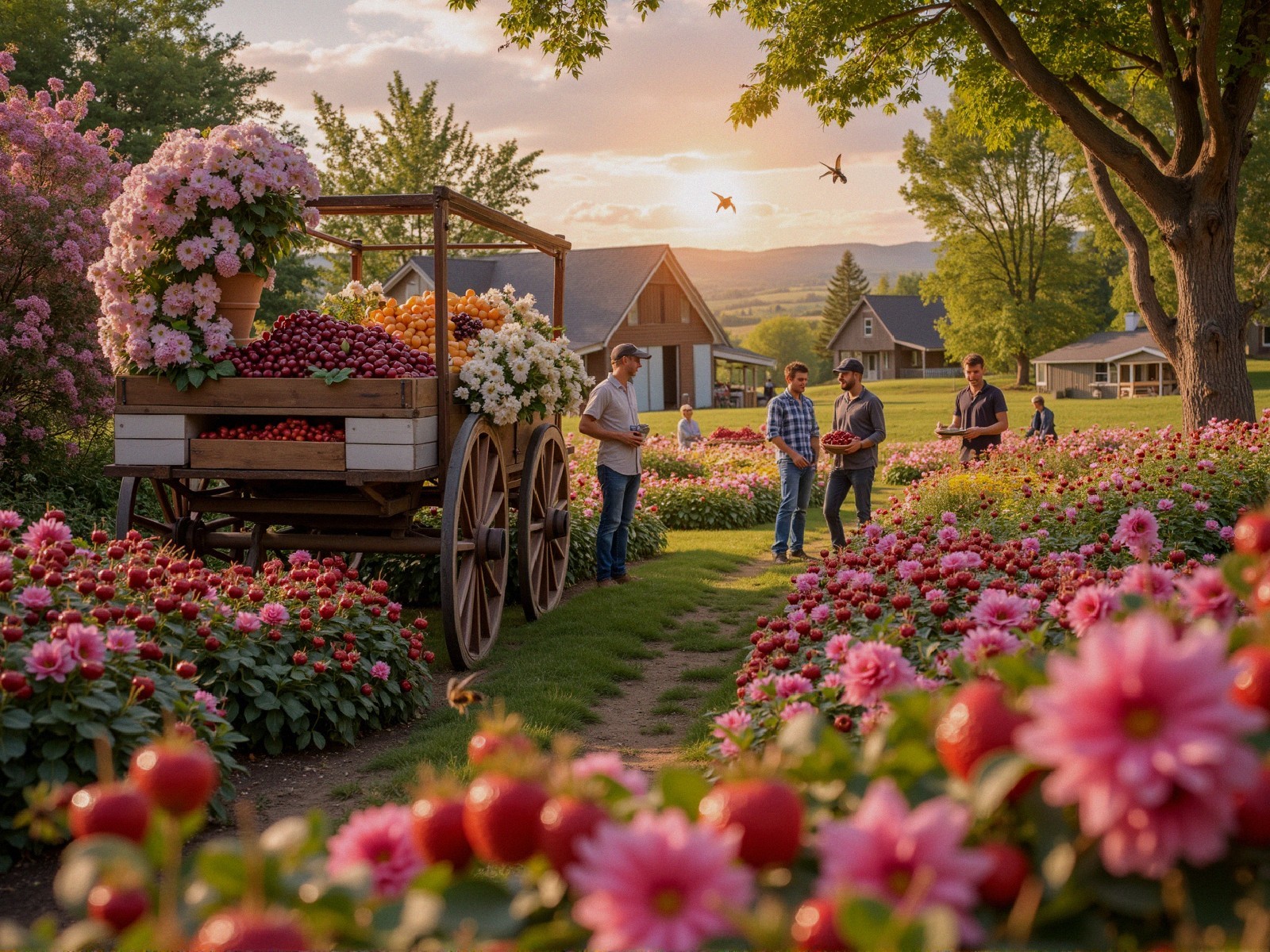 Gathering in a Floral Landscape at Sunset